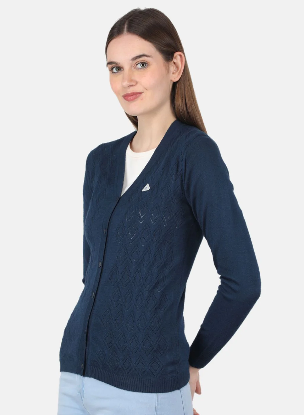 Women NAvy Blue Self Design Cardigan - Image 2
