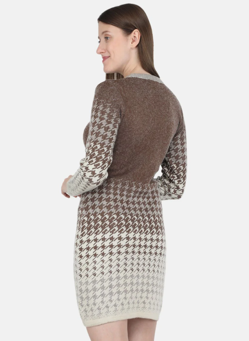 Women Off White & Brown Jaquard Dress - Image 3