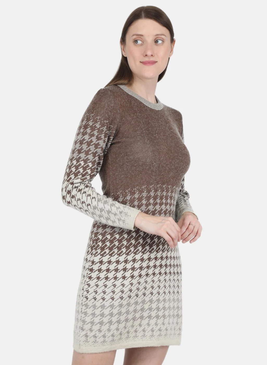 Women Off White & Brown Jaquard Dress - Image 6