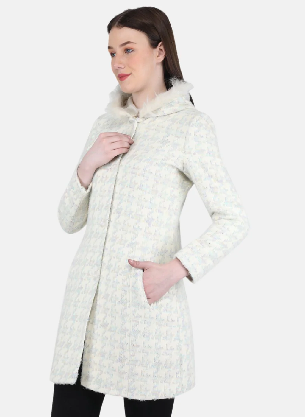 Women Off White Jaquard Long Coat - Image 2