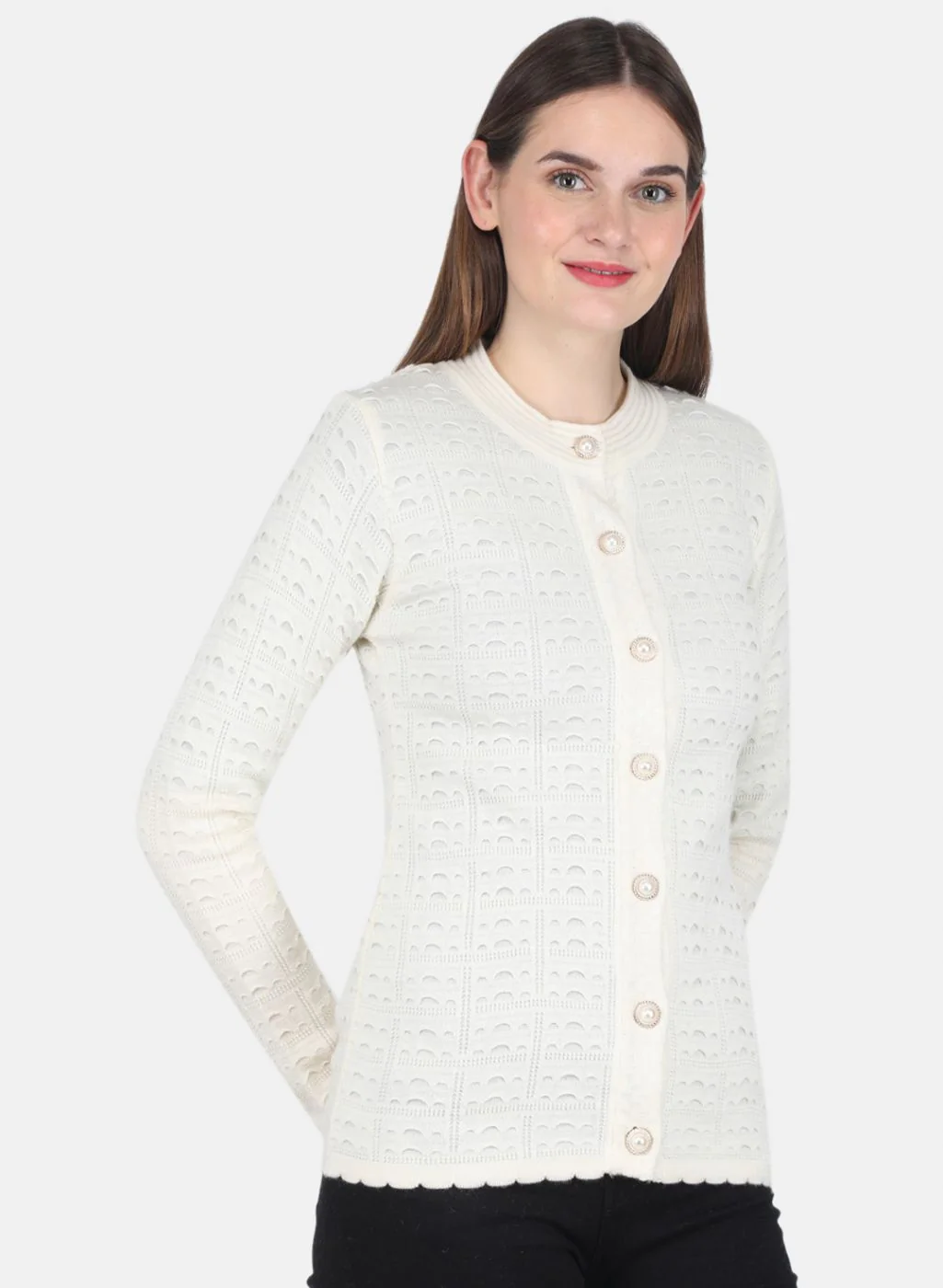 Women Off White Self design Cardigan - Image 6