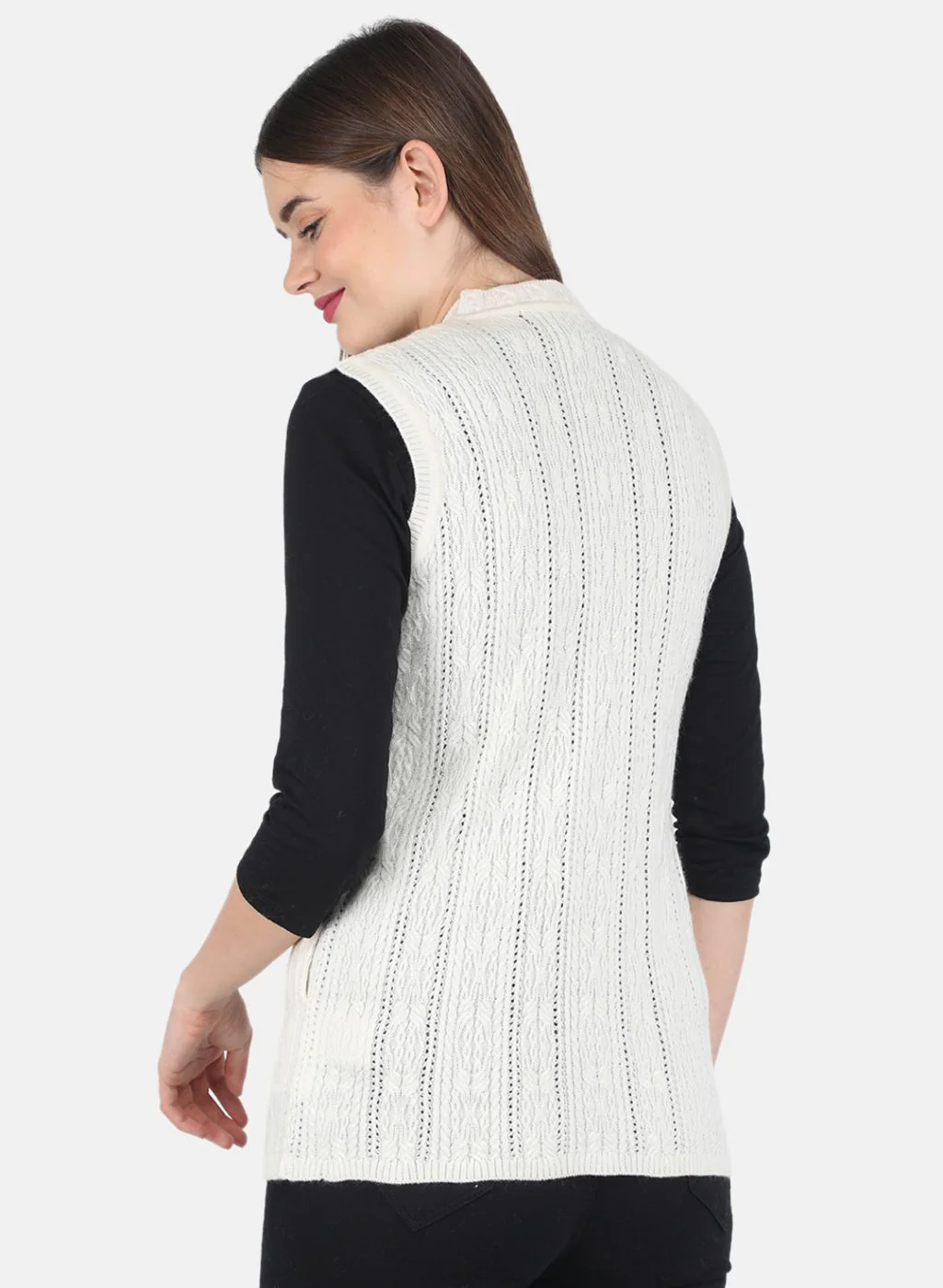 Women Off White Self design Cardigan - Image 3