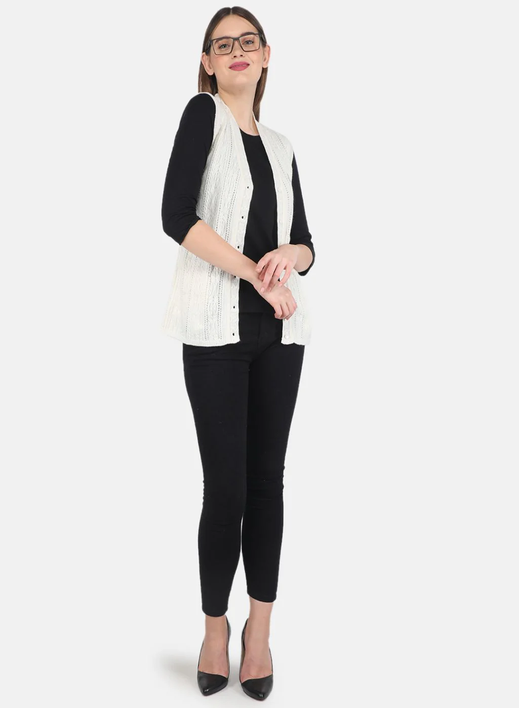 Women Off White Self design Cardigan - Image 4