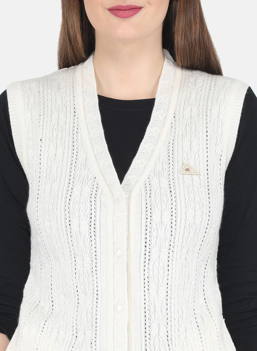 Women Off White Self design Cardigan - Image 5