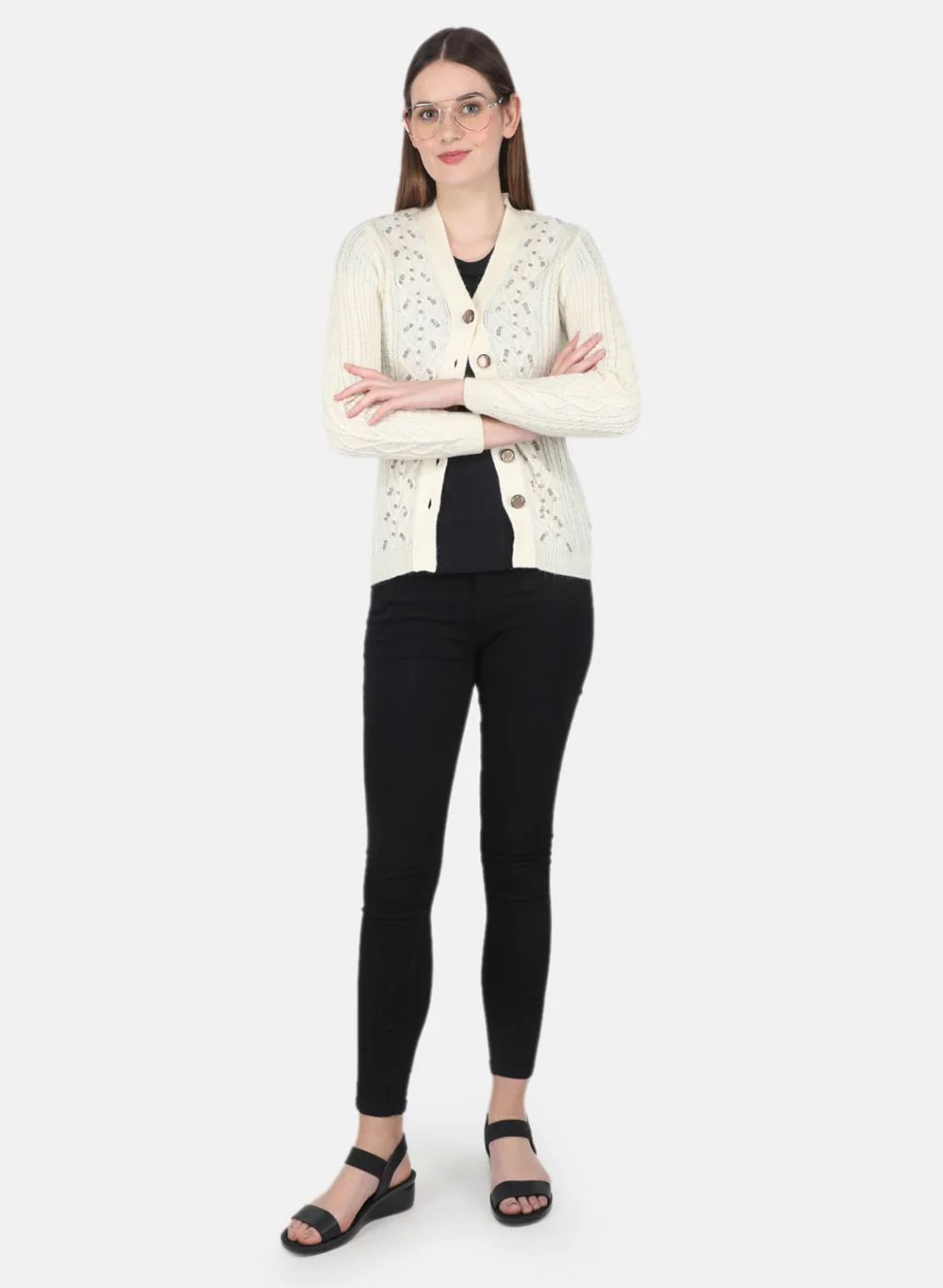 Women Off White Self Design Cardigan - Image 4