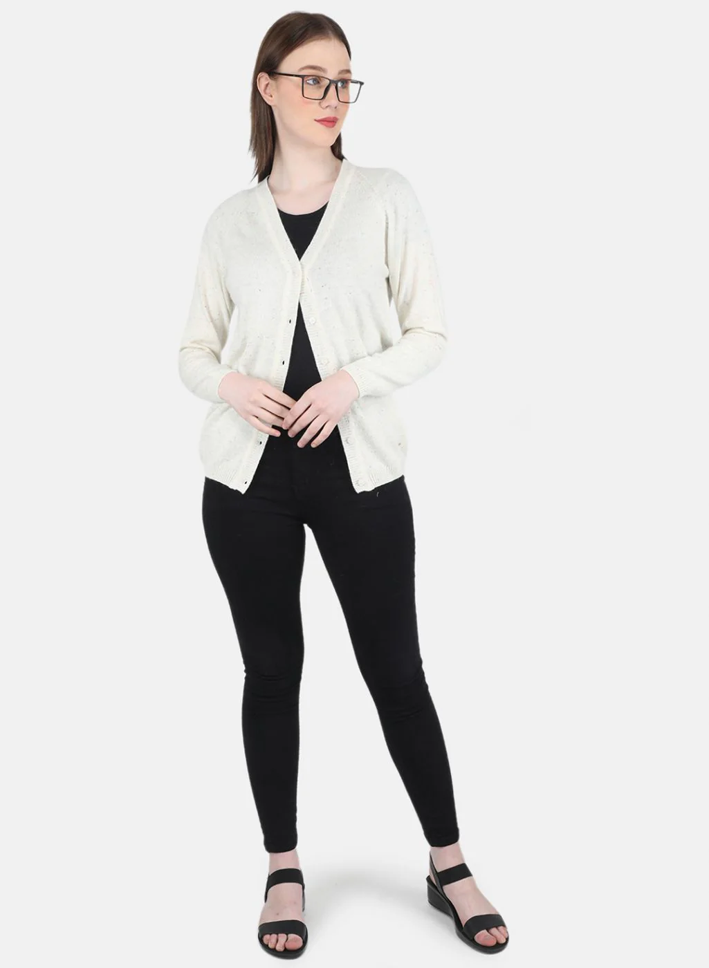 Women Off White Solid Cardigan - Image 4
