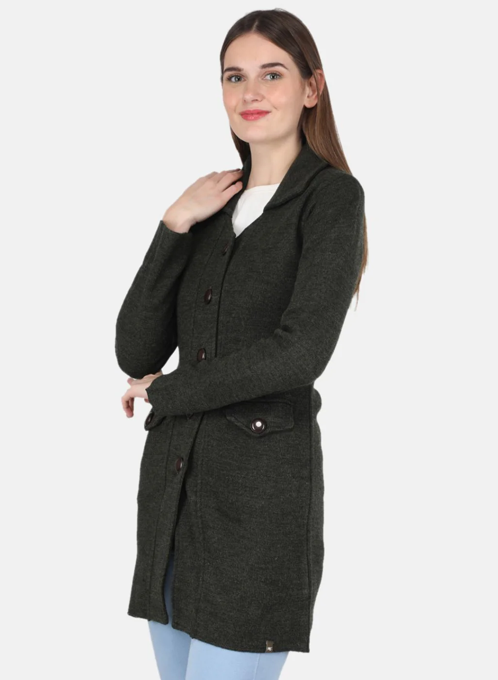 Women Olive Self design Coat - Image 2