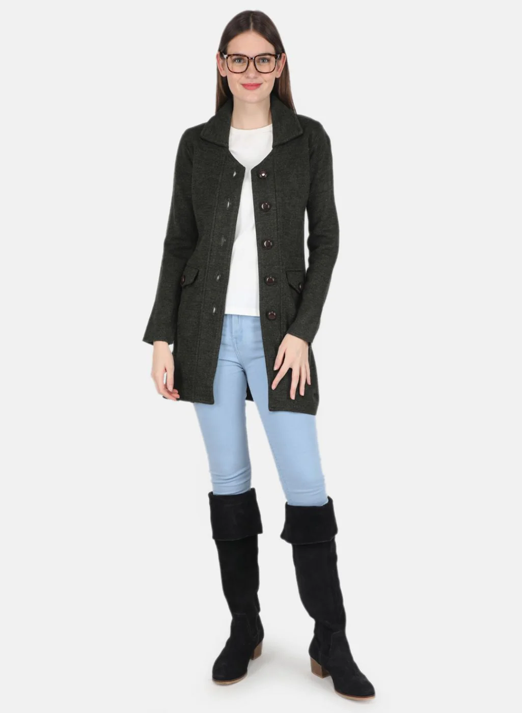 Women Olive Self design Coat - Image 4