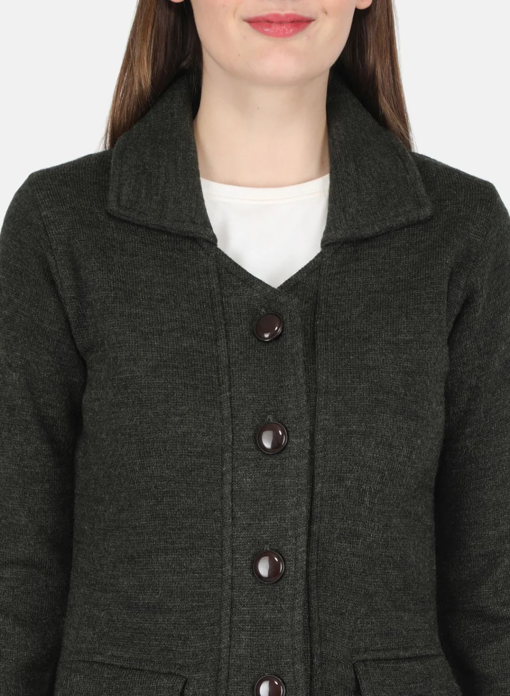 Women Olive Self design Coat - Image 5