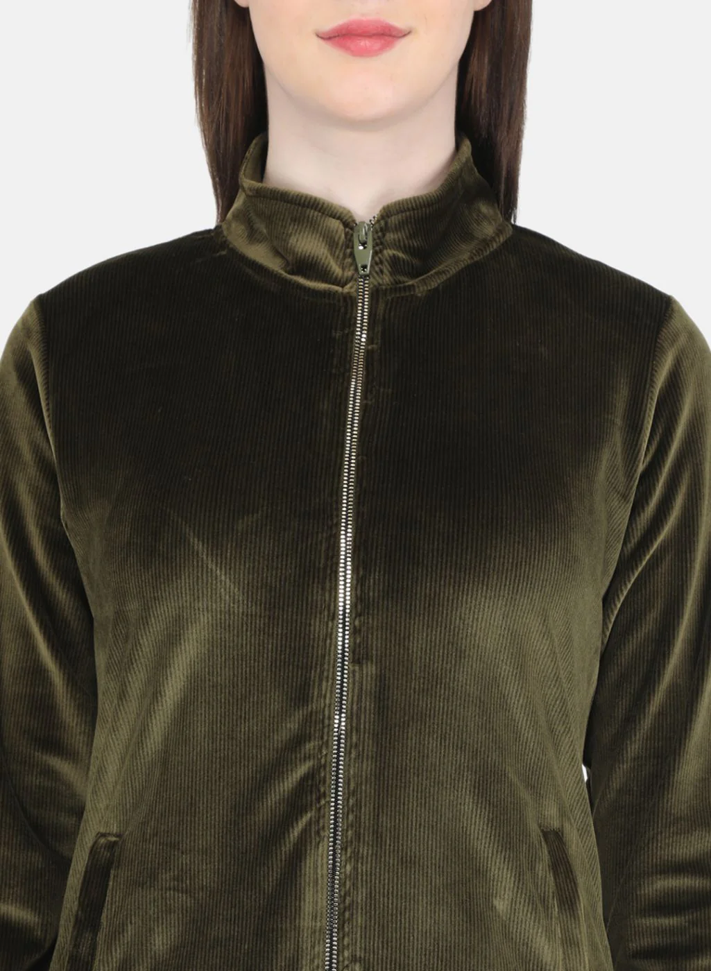 Women Olive Self Design Sweatshirt - Image 5