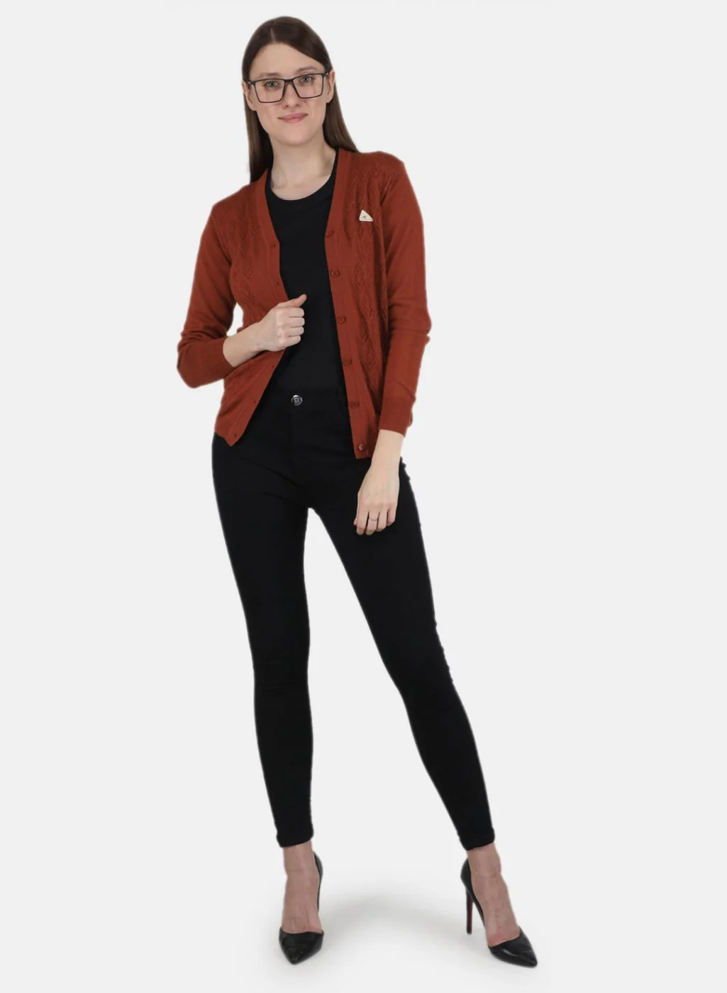 Women Orange Self design Cardigan - Image 4