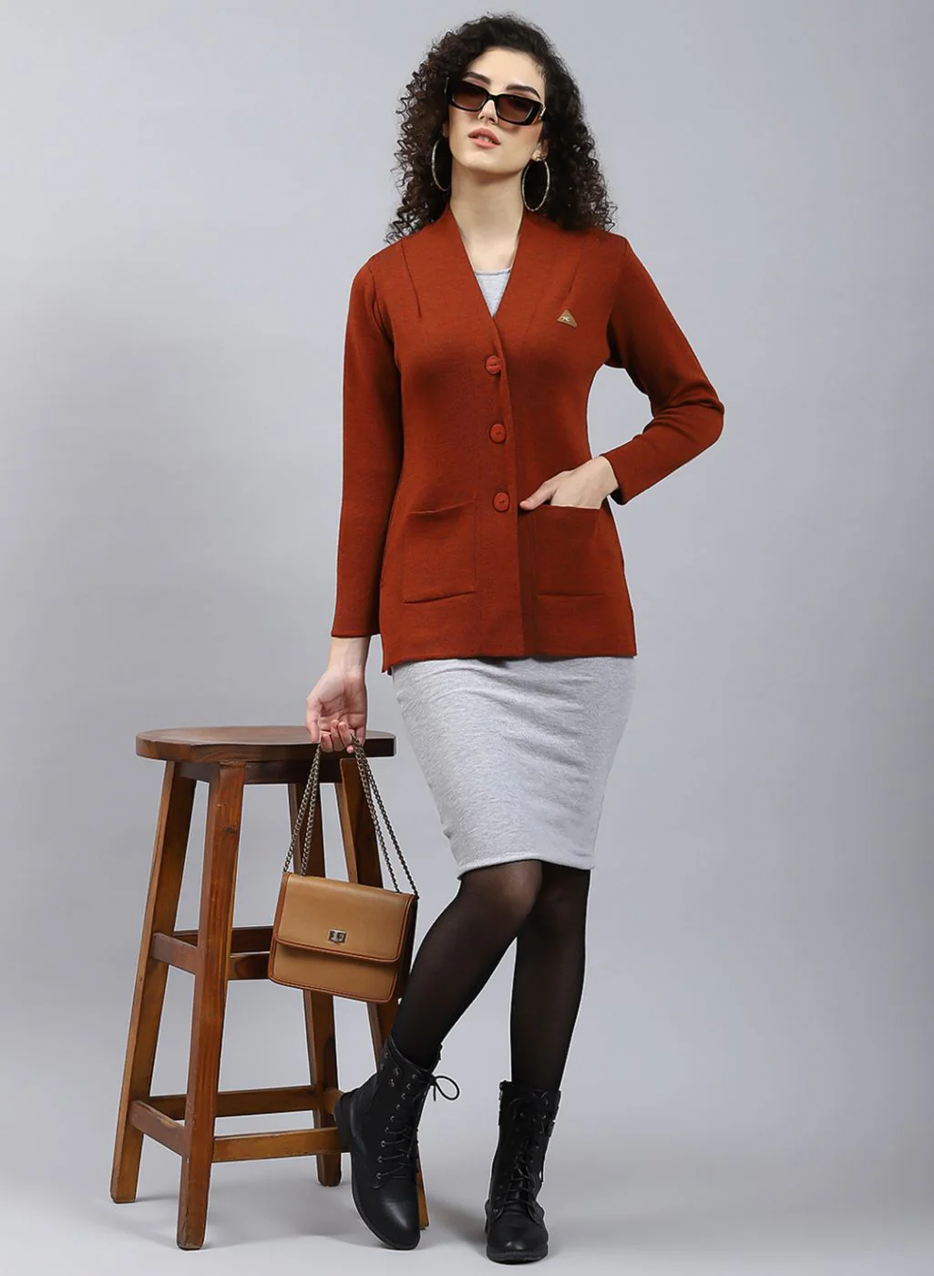 Women Orange Solid Pure wool Cardigan