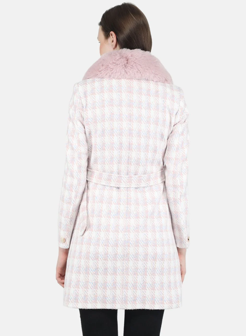Women Pink Check Coat - Image 3