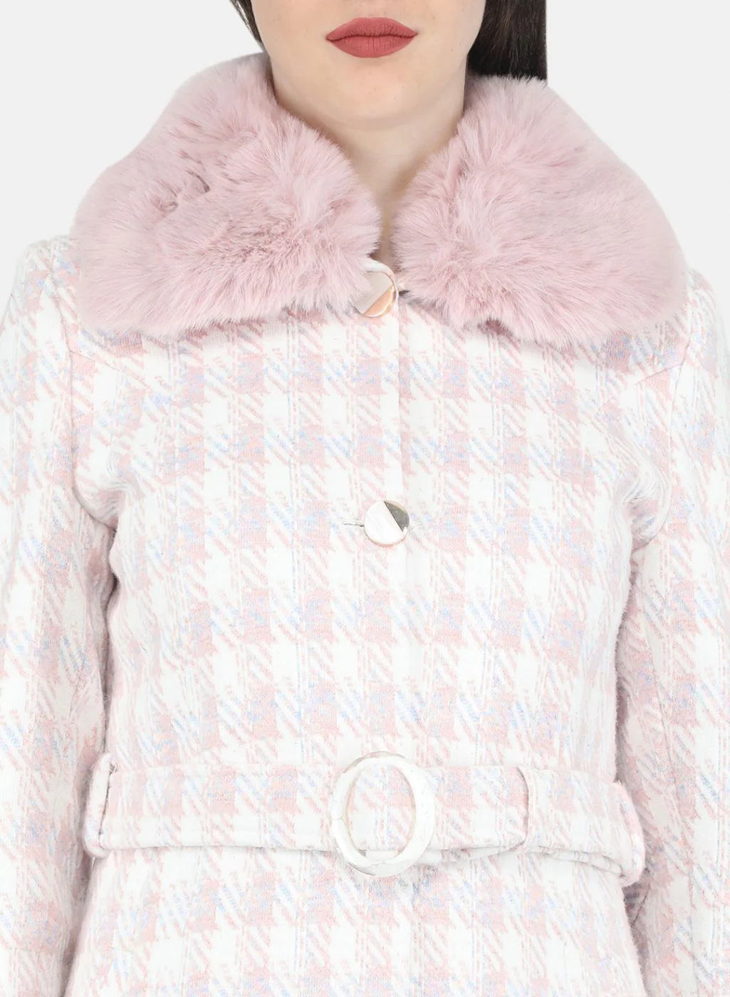 Women Pink Check Coat - Image 5