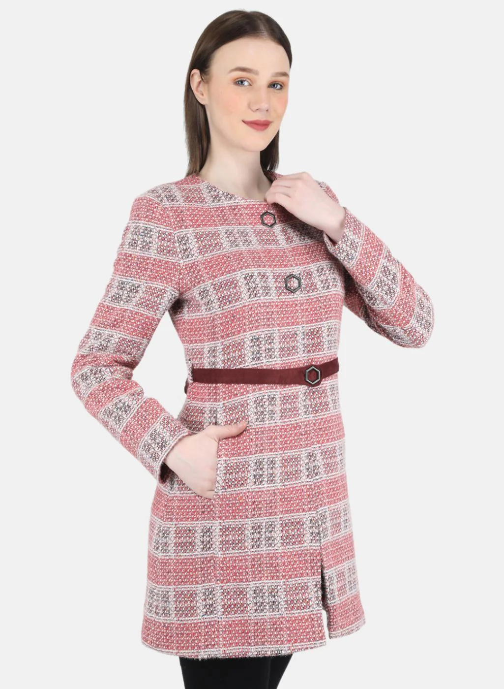 Women Pink Check Coat - Image 6
