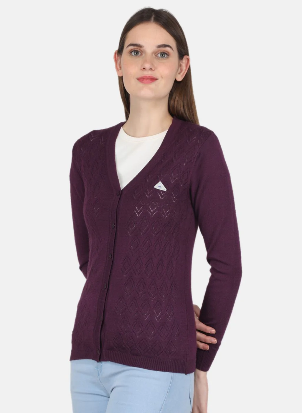 Women Purple Self design Cardigan - Image 2