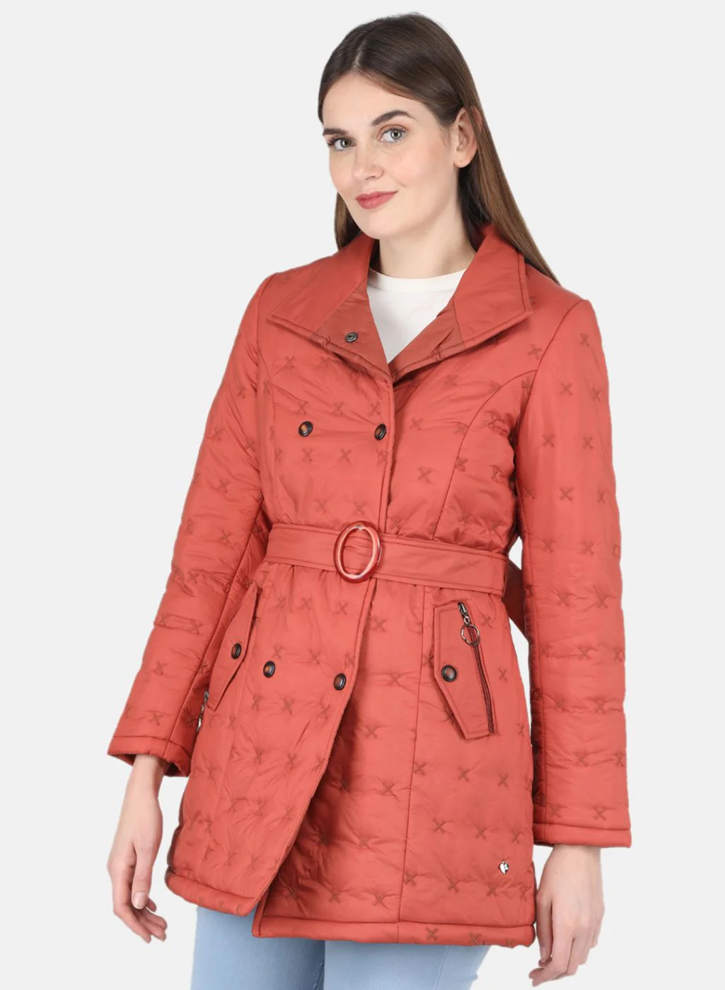 Women Rust Orange Solid Long Jacket - Image 2