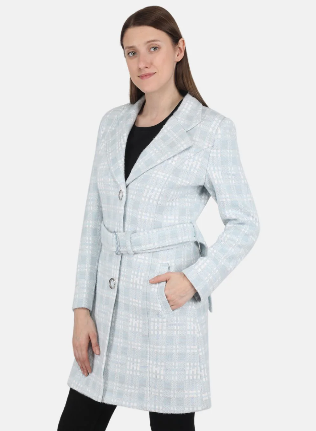 Women Sky Blue Jaquard Coat - Image 2