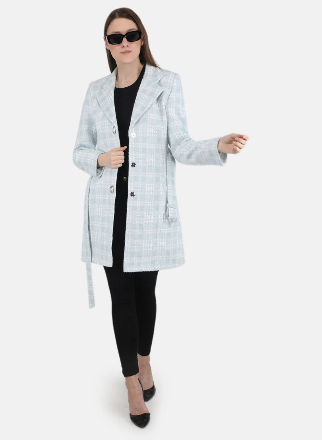 Women Sky Blue Jaquard Coat - Image 4