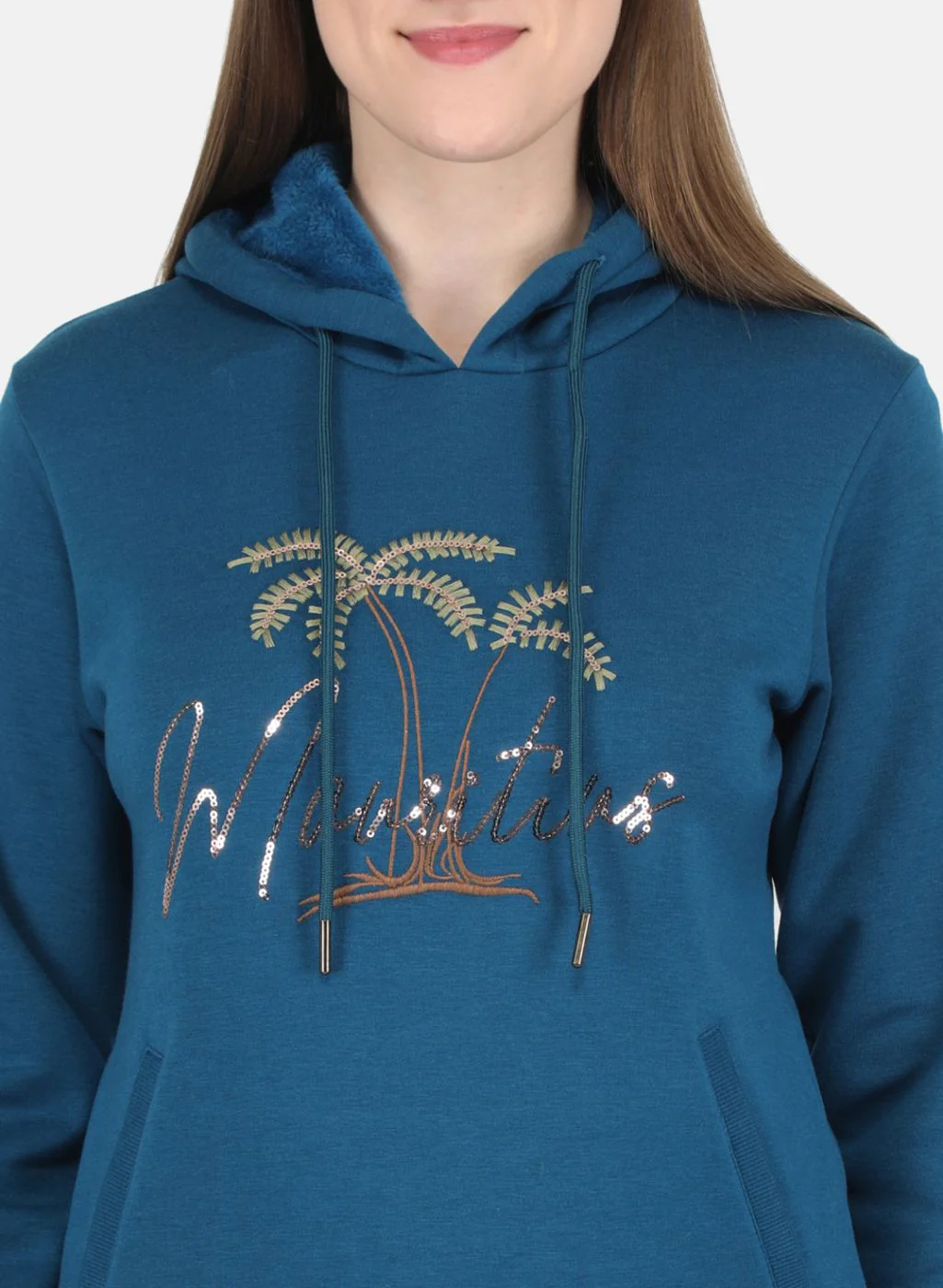 Women Teal Blue Embroidered Sweatshirt - Image 5