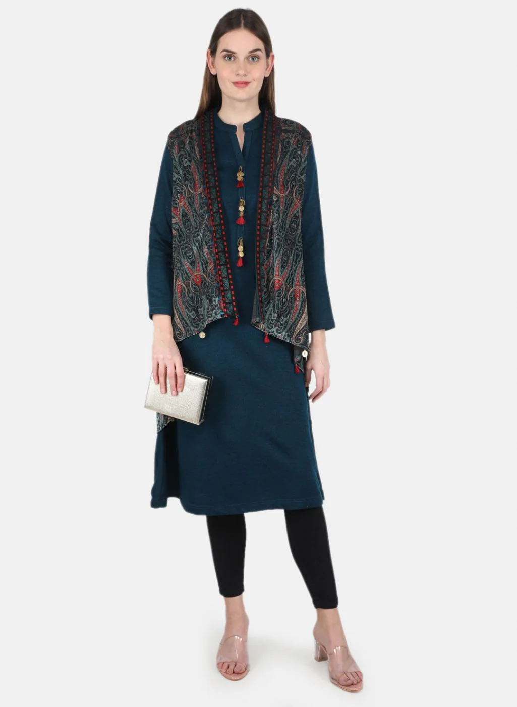 Women Teal Blue Kurti+Shrug Set for Winter - Image 4