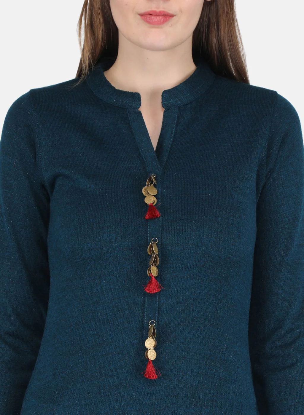 Women Teal Blue Kurti+Shrug Set for Winter - Image 5