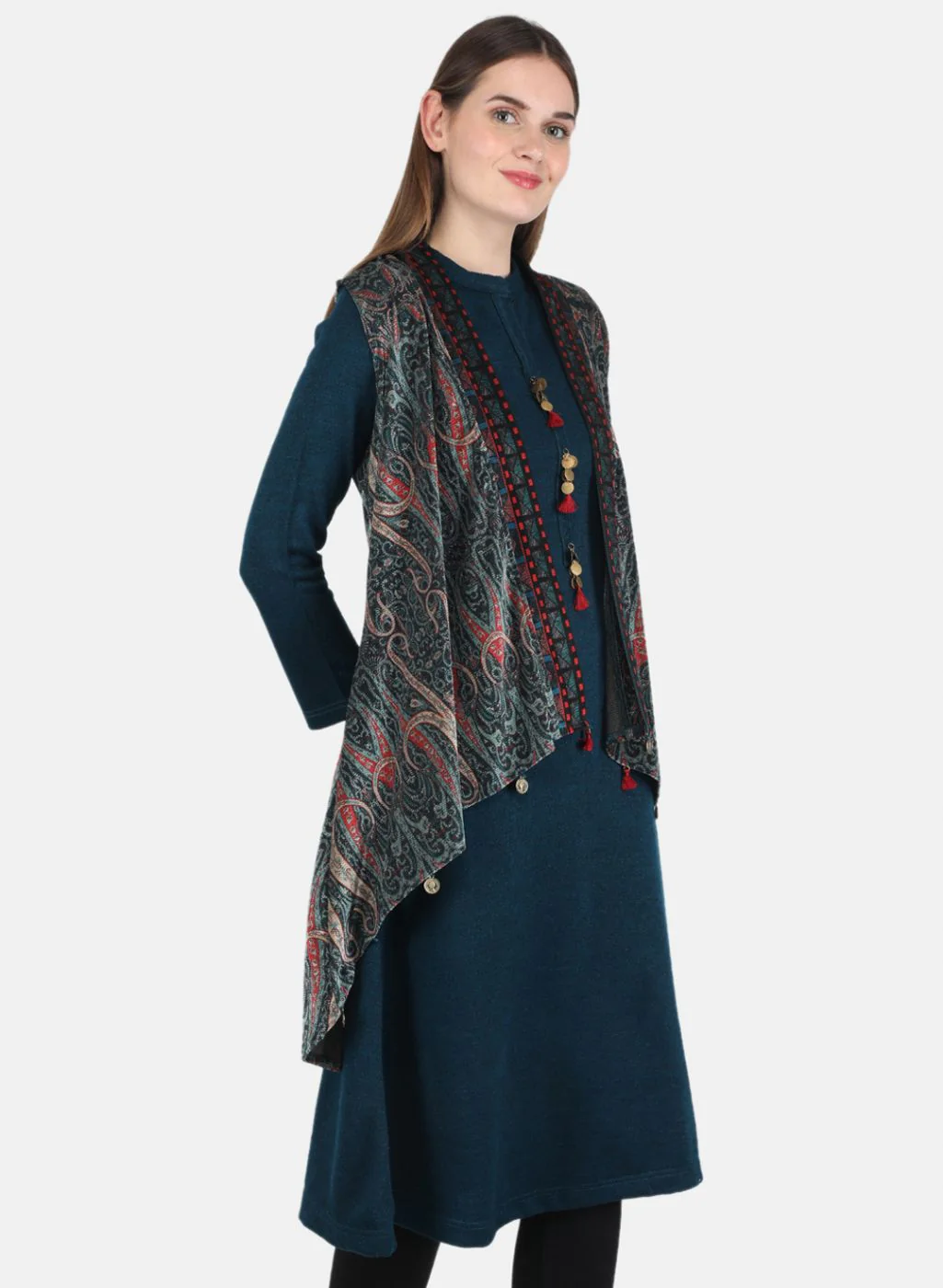 Women Teal Blue Kurti+Shrug Set for Winter - Image 7