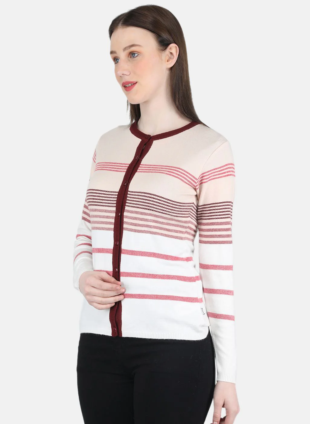 Women White Stripe Cardigan - Image 2