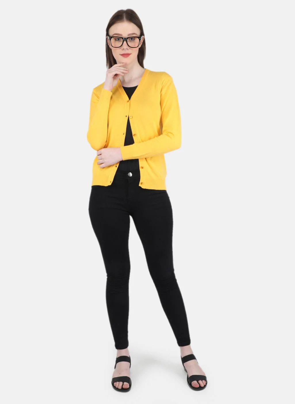 Women Yellow Self Design Cardigan - Image 4