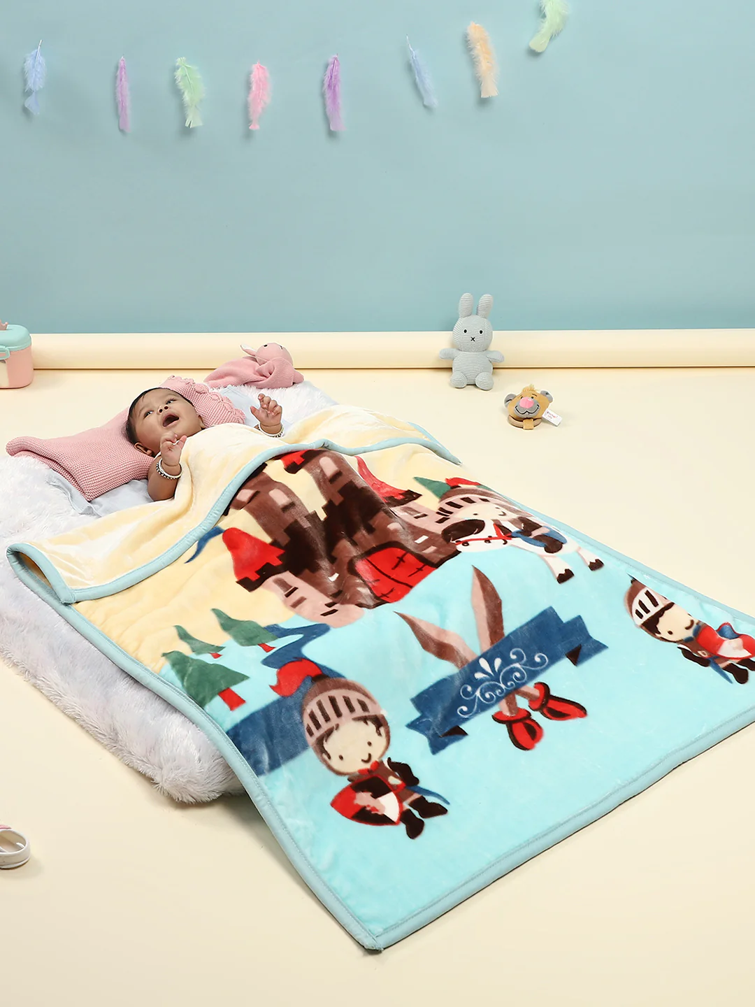 Cartoon Castle Printed Velvety Yellow and Blue Baby Blanket