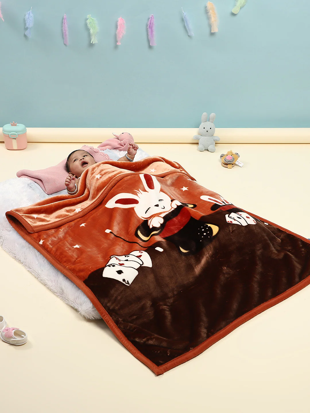 Cartoon Rabbit Printed Velvety Brown Baby Blanket