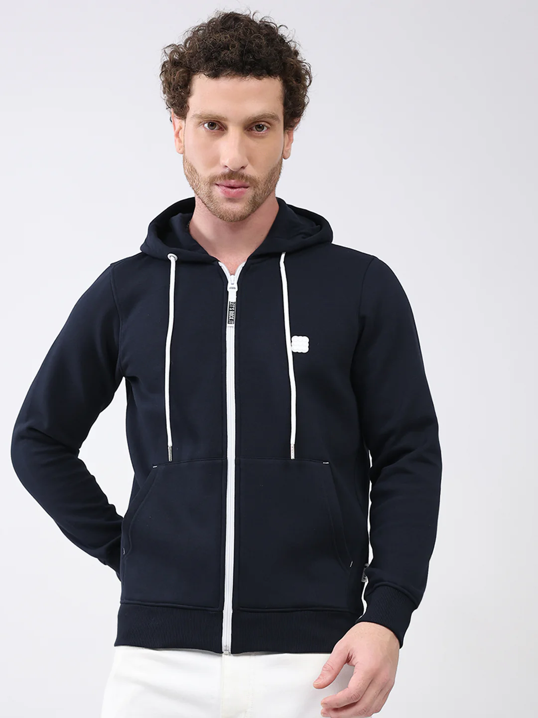 Rock.it Men Navy Blue Solid Hooded Full Sleeve Sweatshirt
