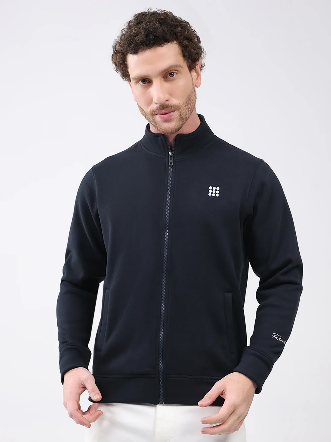 Rock.it Men Navy Blue Solid Mock Neck Full Sleeve Sweatshirt