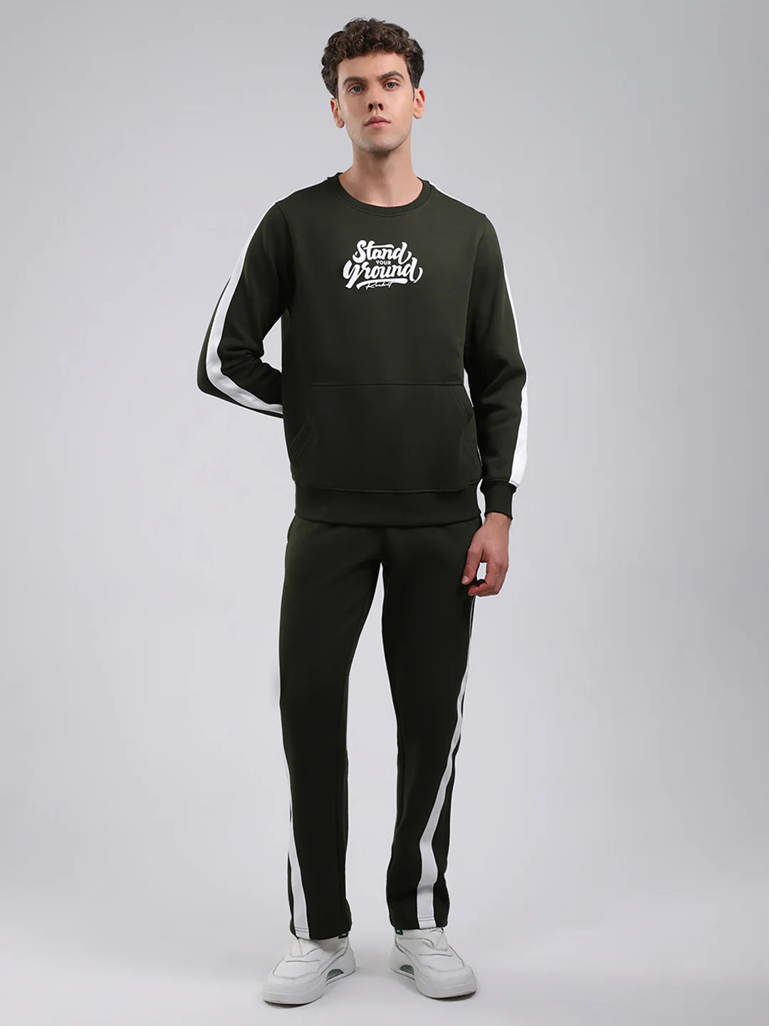 Rock.it Men Olive Printed Round Neck Full Sleeve Winter Tracksuit