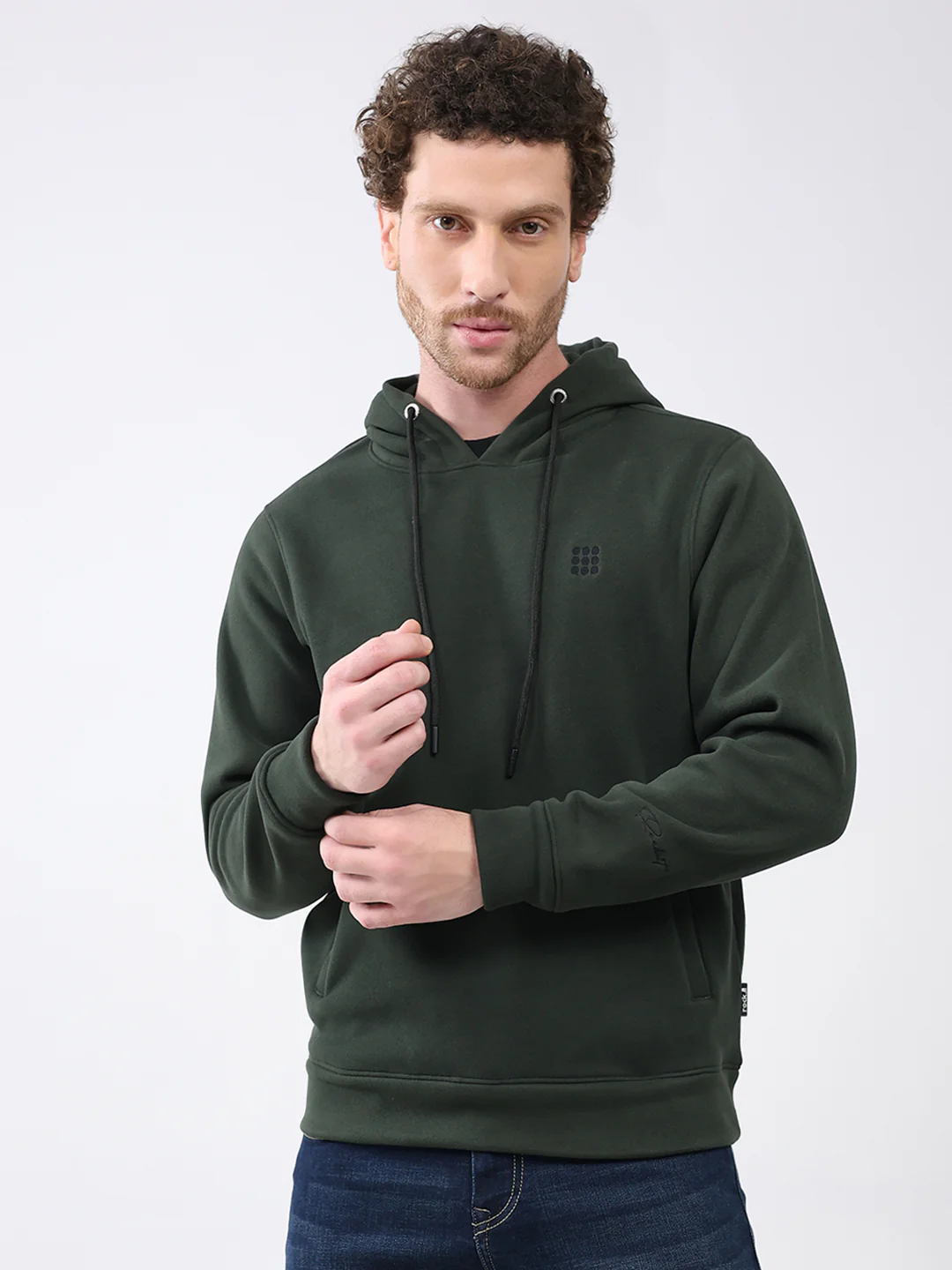 Rock.it Men Olive Solid Hooded Full Sleeve Sweatshirt