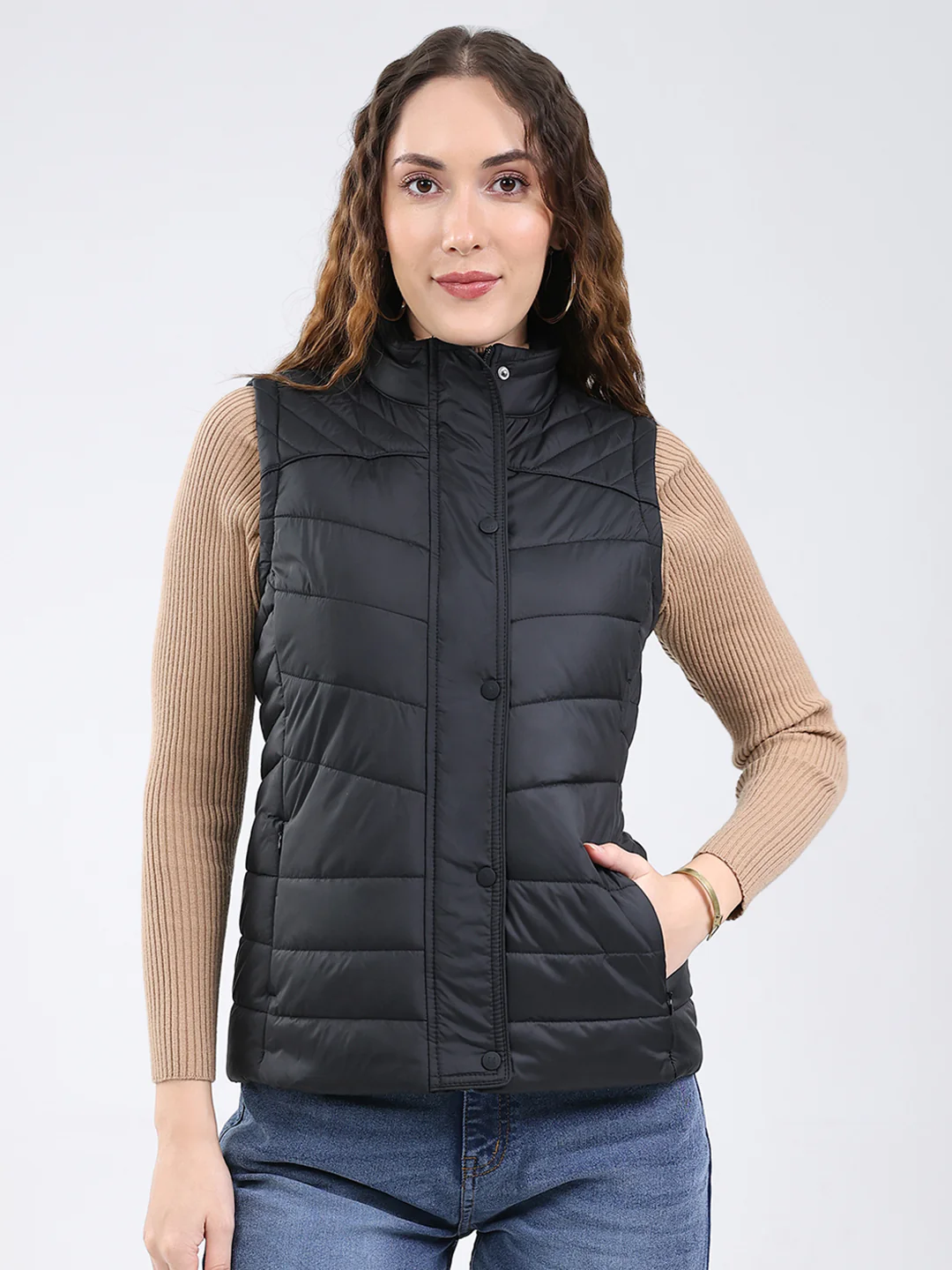Rock.it Women Black Solid Stand Collar Sleeveless Jacket