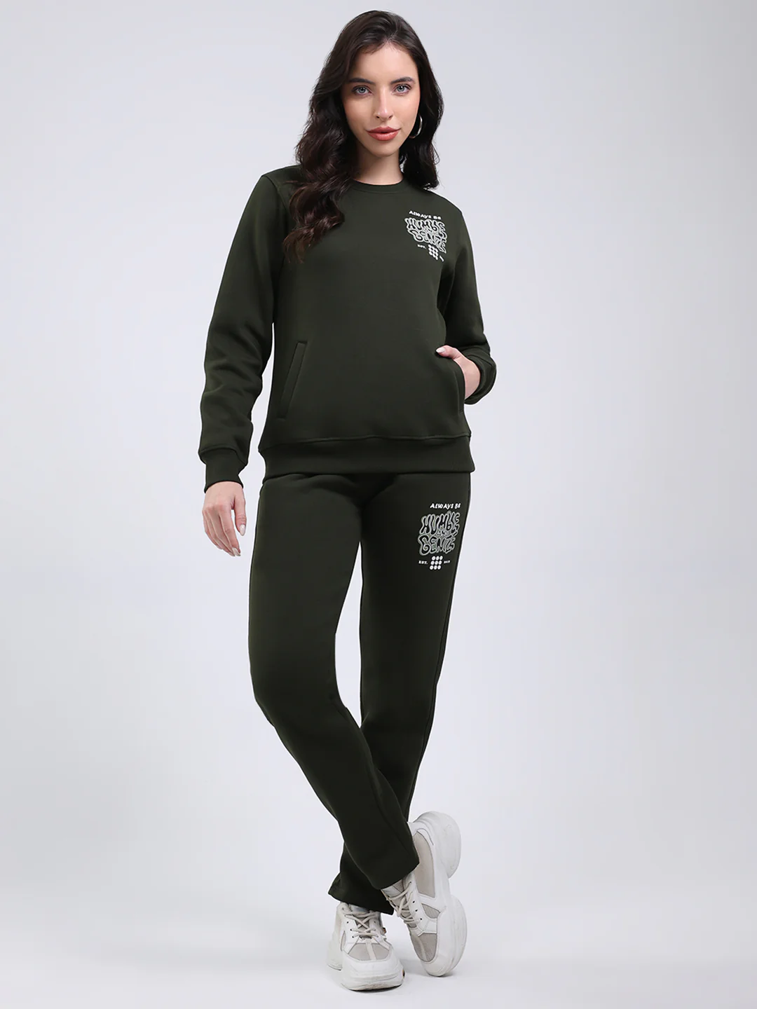 Rock.it Women Dark Green Printed Round Neck Full Sleeve Winter Tracksuit