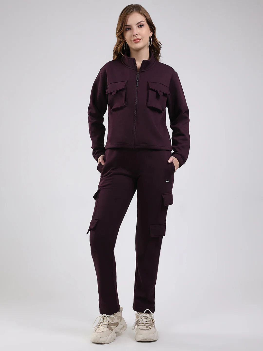 Rock.it Women Maroon Solid Mock Neck Full Sleeve Winter Tracksuit