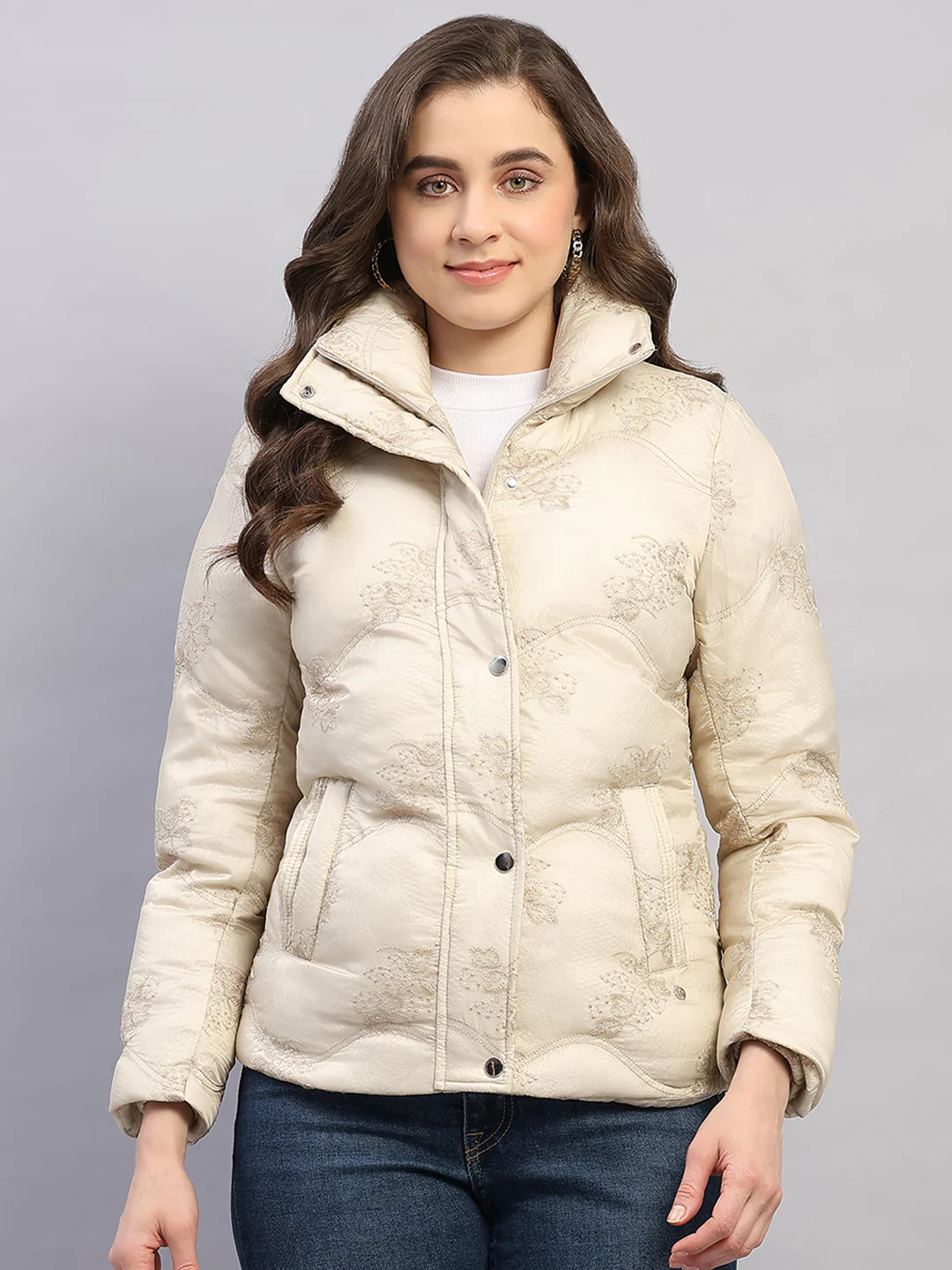 Women Beige Embroidered Collar Full Sleeve Jacket