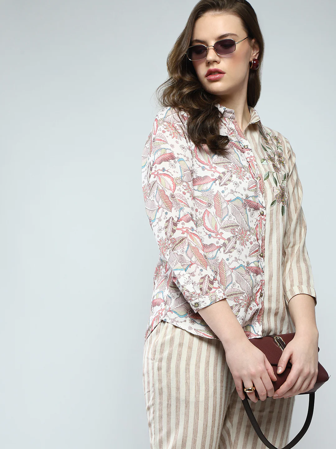 Women Beige Printed Collar Full Sleeve Cords Set - Image 6