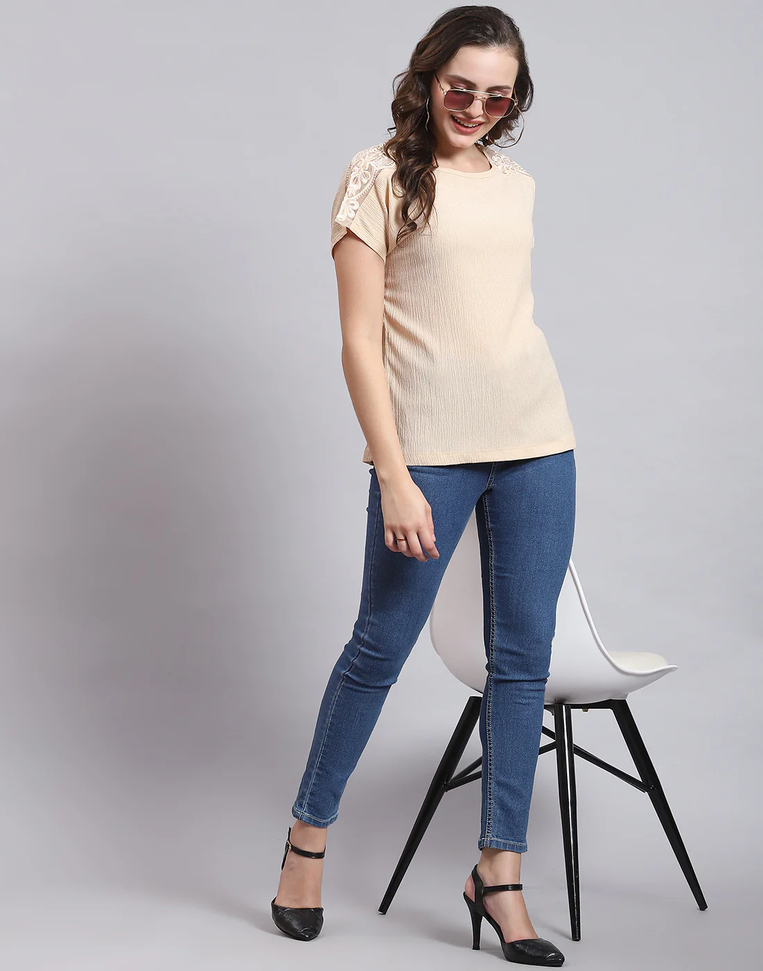 Women Beige Printed Round Neck Half Sleeve Top