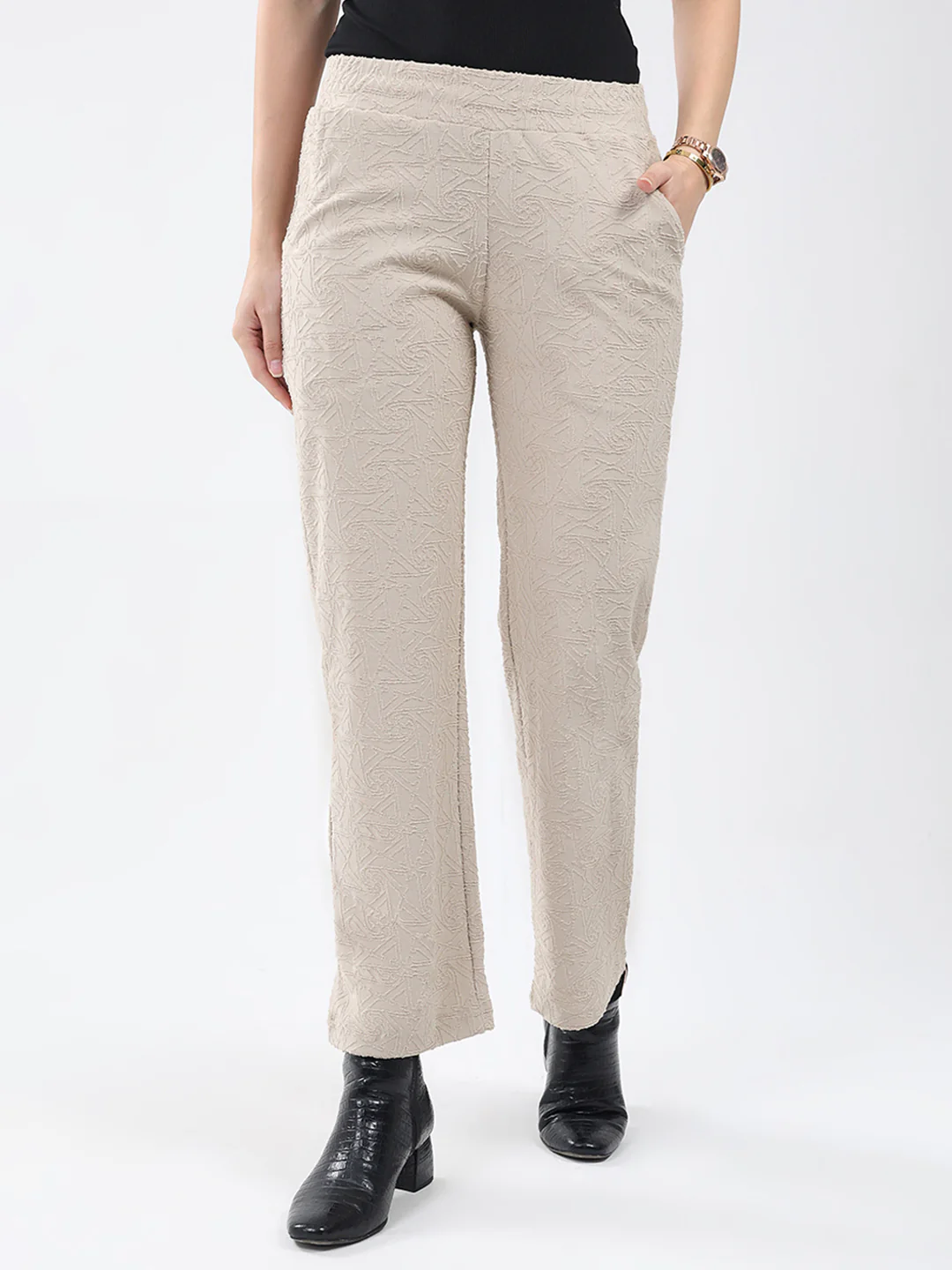 Women Beige Self Design Regular Fit Winter Lower