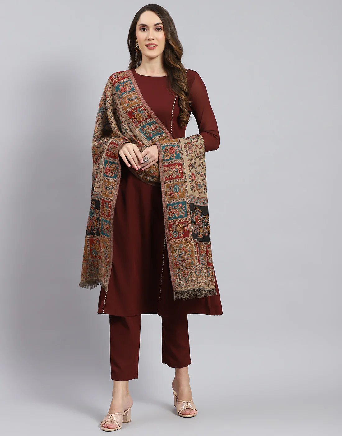 Women Beige Self Design Shawl - Image 2