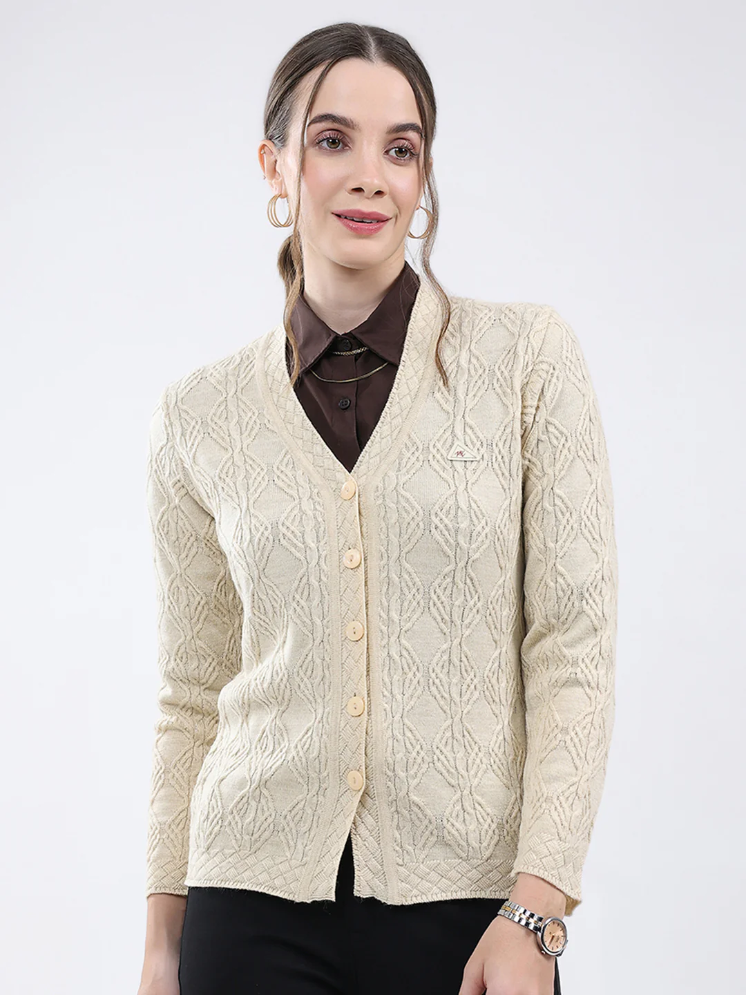 Women Beige Self Design V Neck Full Sleeve Cardigan