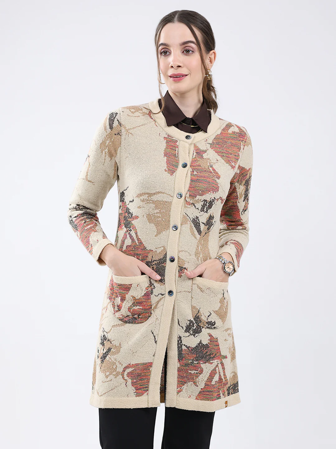 Women Beige Self Design Round Neck Full Sleeve Cardigan
