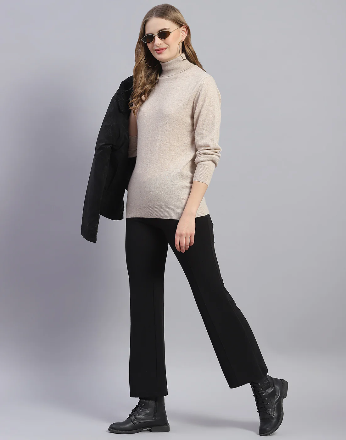 Women Beige Solid H Neck Full Sleeve Sweater