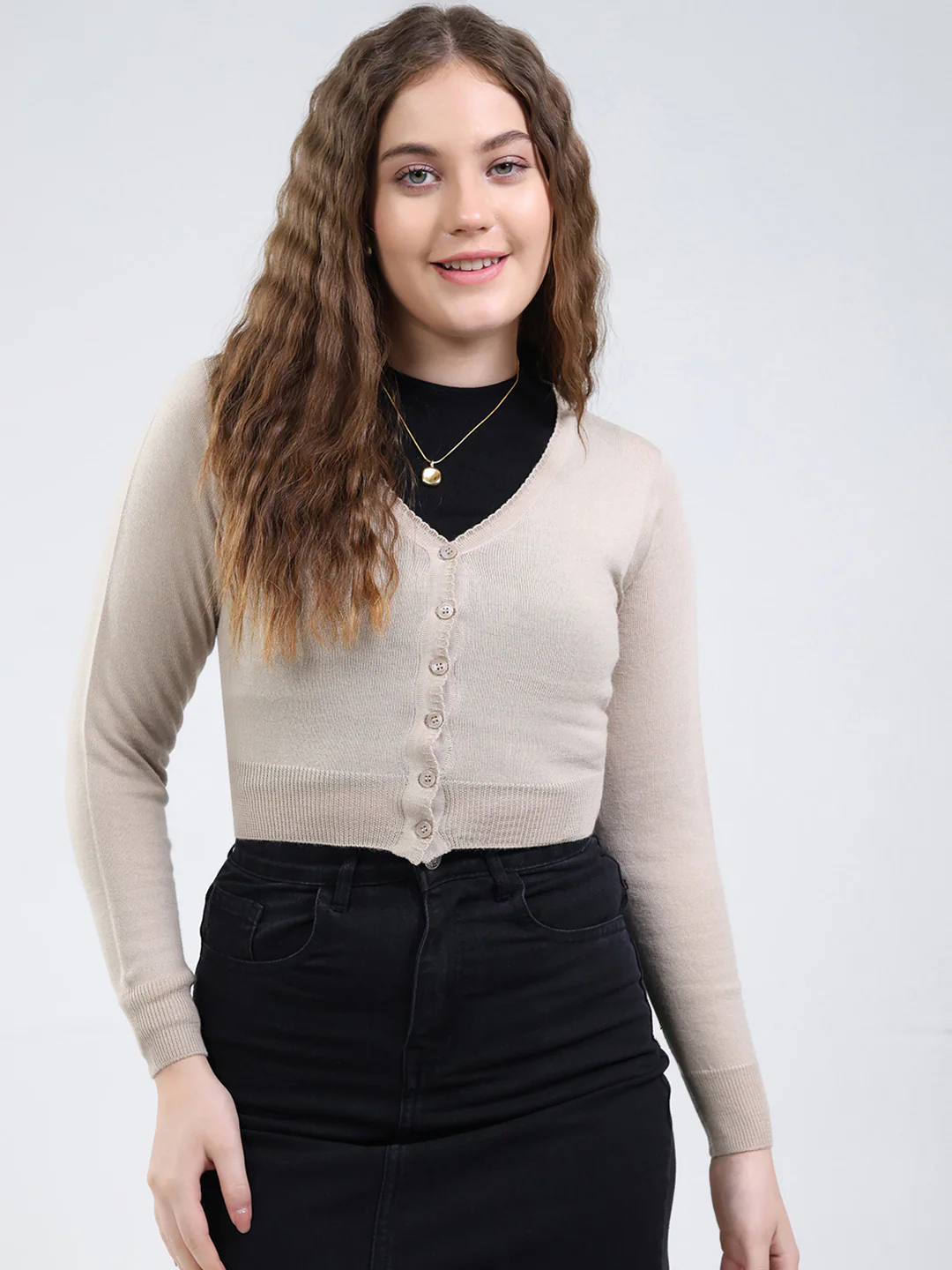 Women Beige Solid V Neck Full Sleeve Cardigan