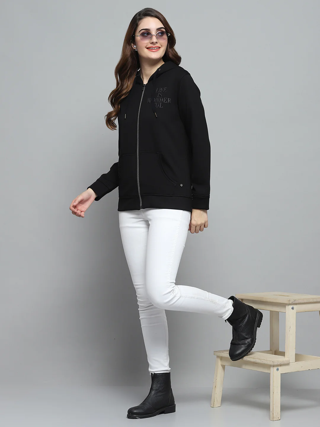 Women Black Printed Hooded Full Sleeve Sweatshirt - Image 2