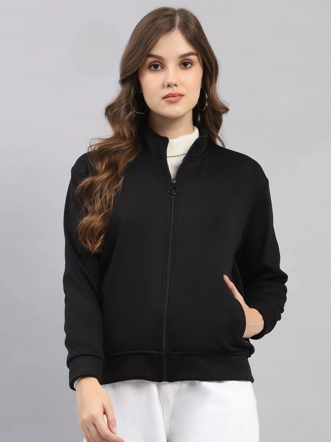 Women Black Printed Mandarin Neck Full Sleeve Sweatshirt