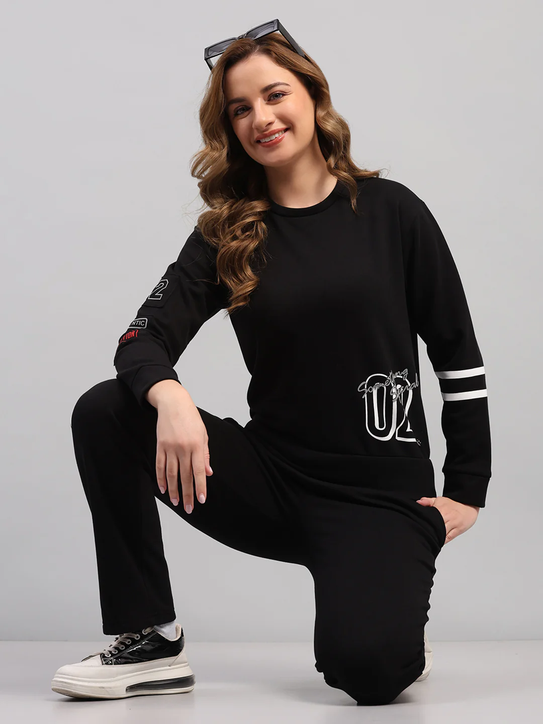 Women Black Printed Round Neck Full Sleeve Cords Set - Image 2